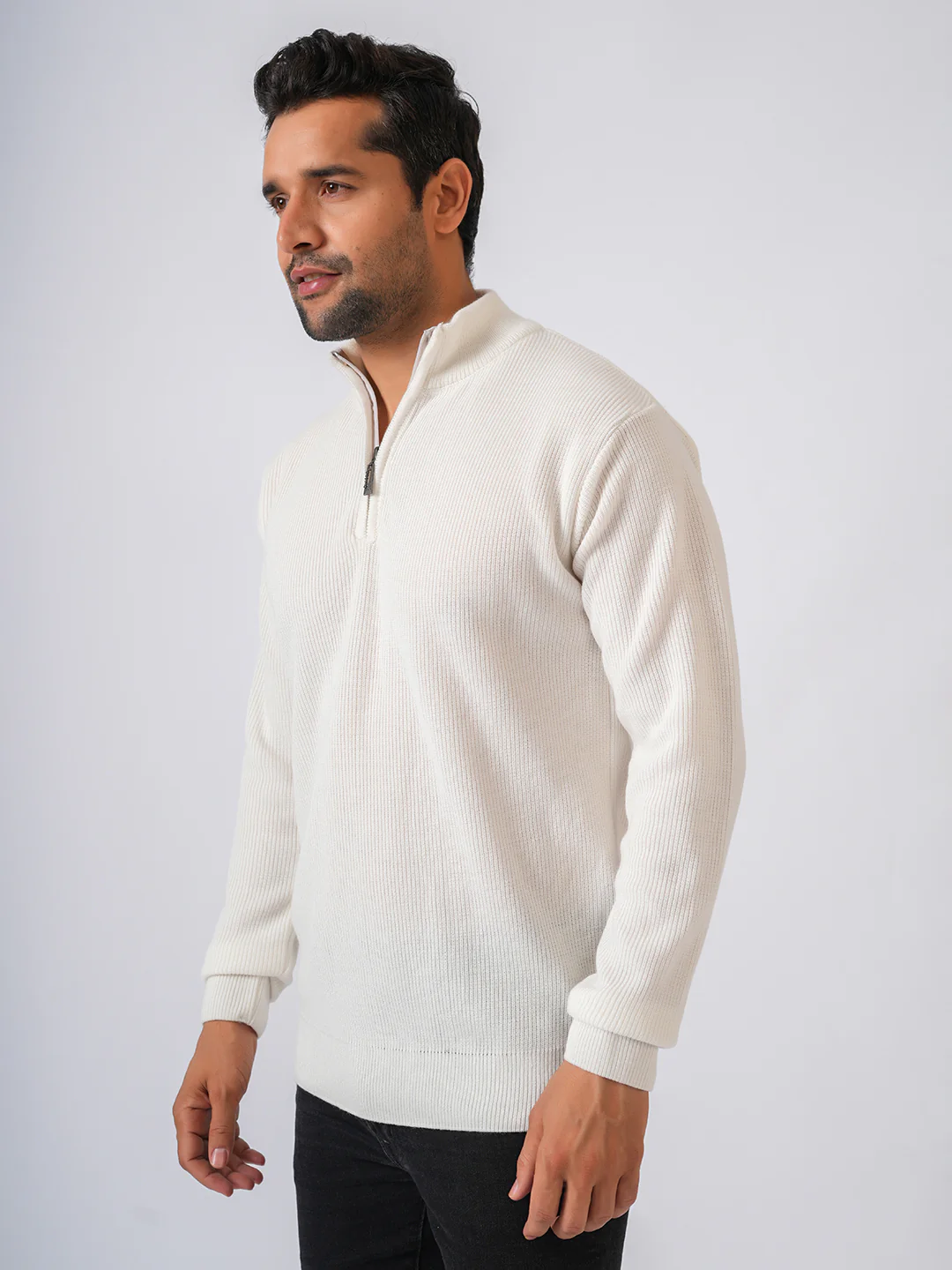 White Solid Ribbed Zip-Top Lightweight Pullover-Sweater - Image 3
