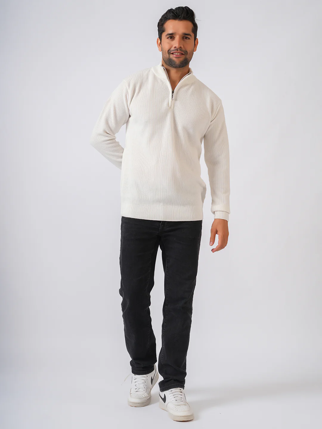 White Solid Ribbed Zip-Top Lightweight Pullover-Sweater - Image 4