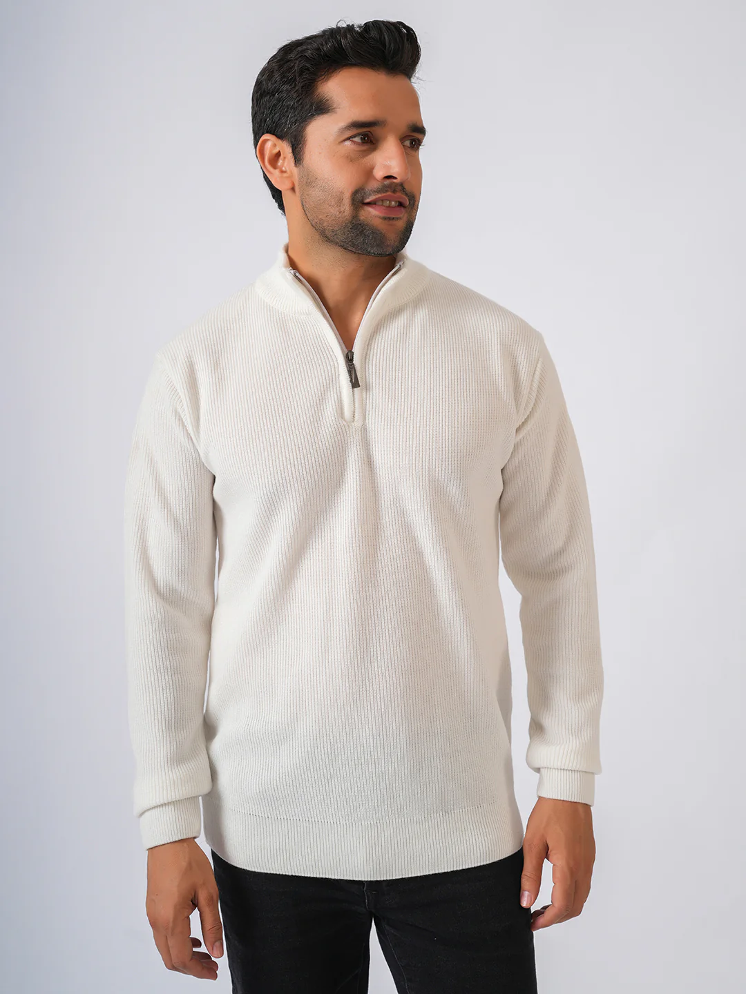White Solid Ribbed Zip-Top Lightweight Pullover-Sweater - Image 6