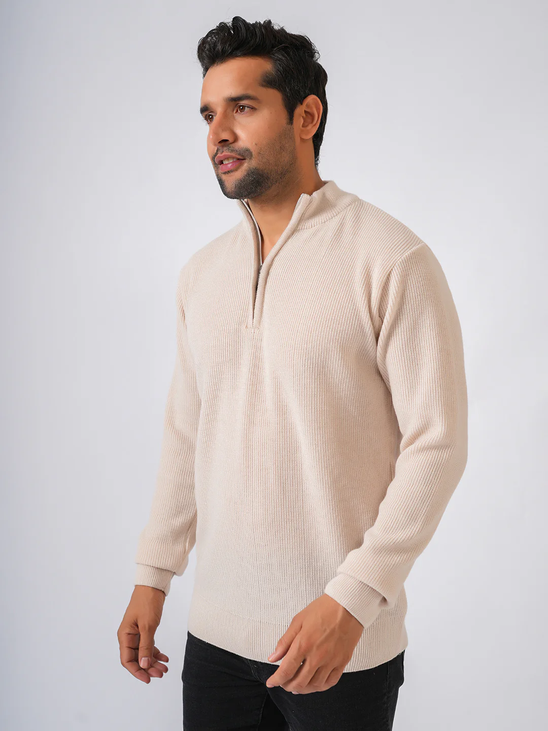 Ivory Solid Ribbed Zip-Top Lightweight Pullover-Sweater - Image 3