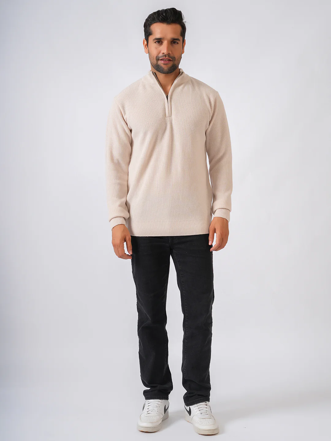 Ivory Solid Ribbed Zip-Top Lightweight Pullover-Sweater - Image 4