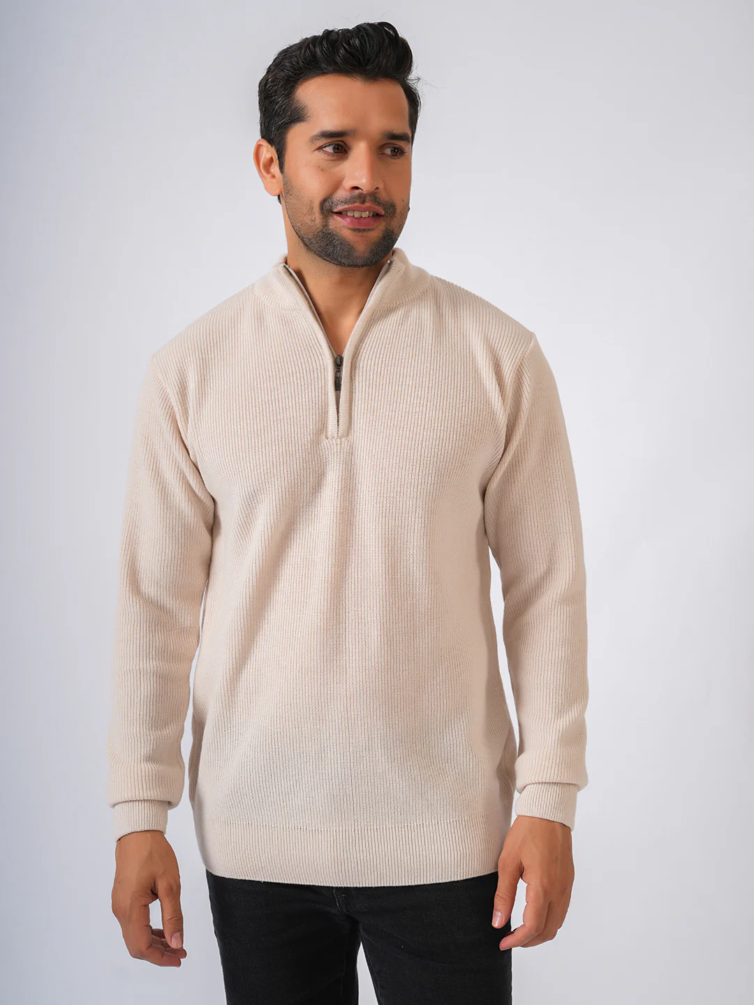 Ivory Solid Ribbed Zip-Top Lightweight Pullover-Sweater - Image 6