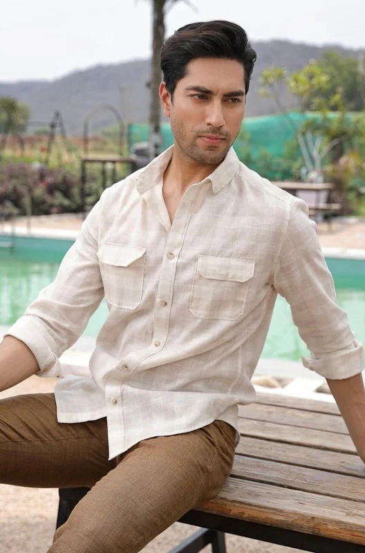 Light Khaki & Cream Checks Linen Cotton Shirt - Image 3