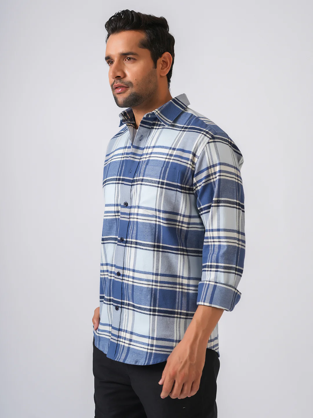Blue Flannel Checked Slim Fit Shirt - Image 3