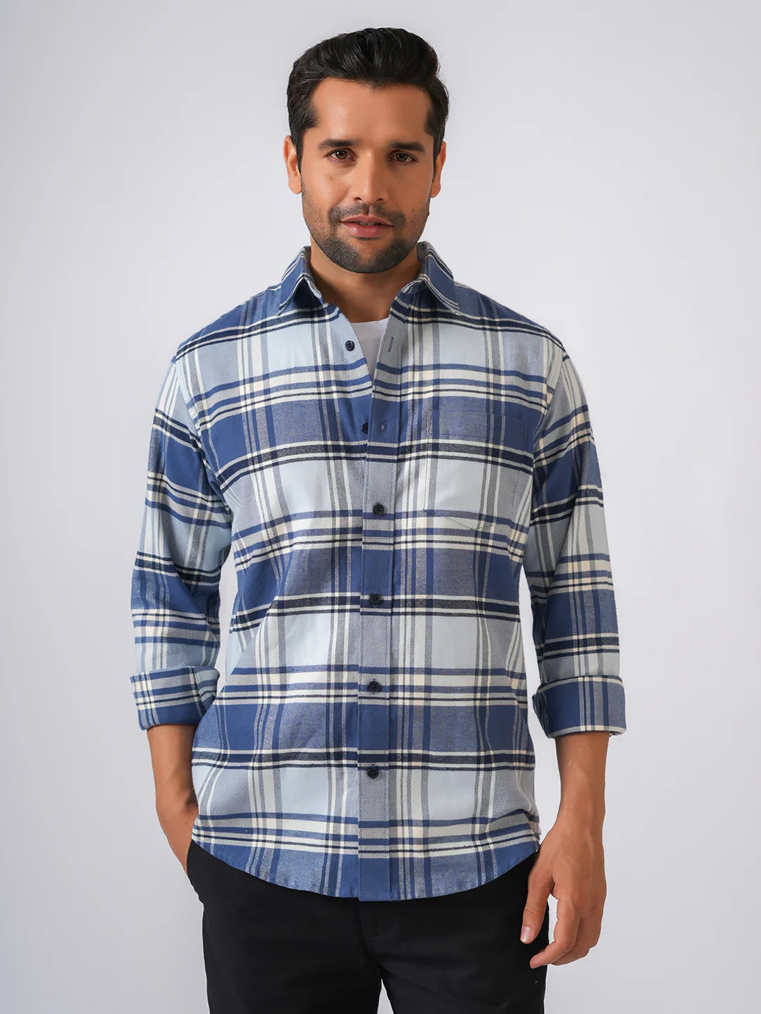 Blue Flannel Checked Slim Fit Shirt - Image 4