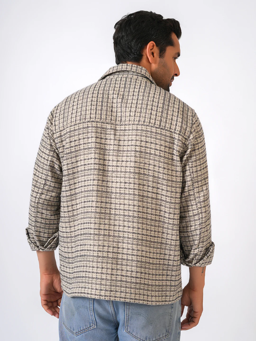 Ivory Checked Cotton Shacket Over-Shirt - Image 3