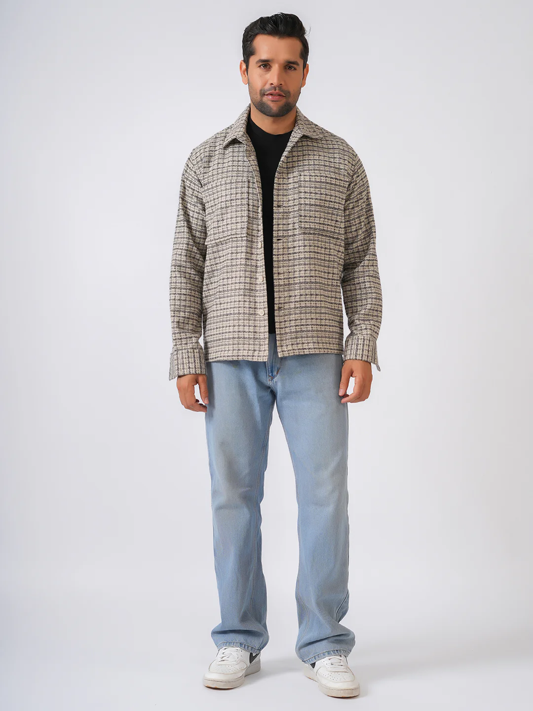 Ivory Checked Cotton Shacket Over-Shirt - Image 4