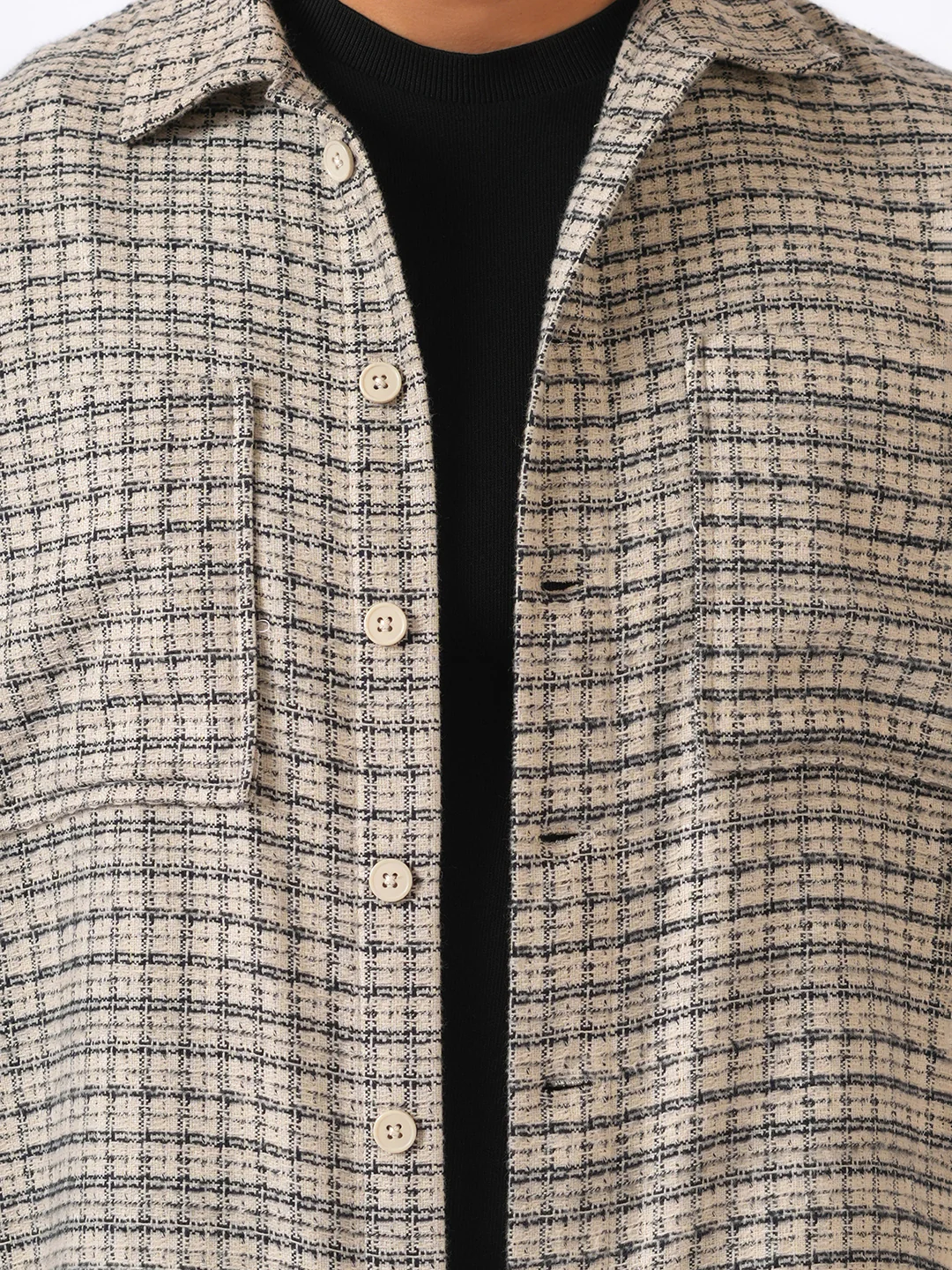 Ivory Checked Cotton Shacket Over-Shirt - Image 5