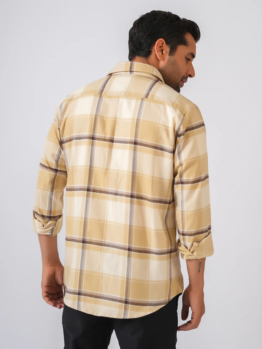 Cream Checked Slim Fit Flannel Cotton Shirt - Image 3