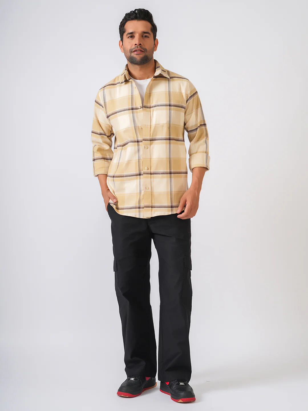 Cream Checked Slim Fit Flannel Cotton Shirt - Image 4