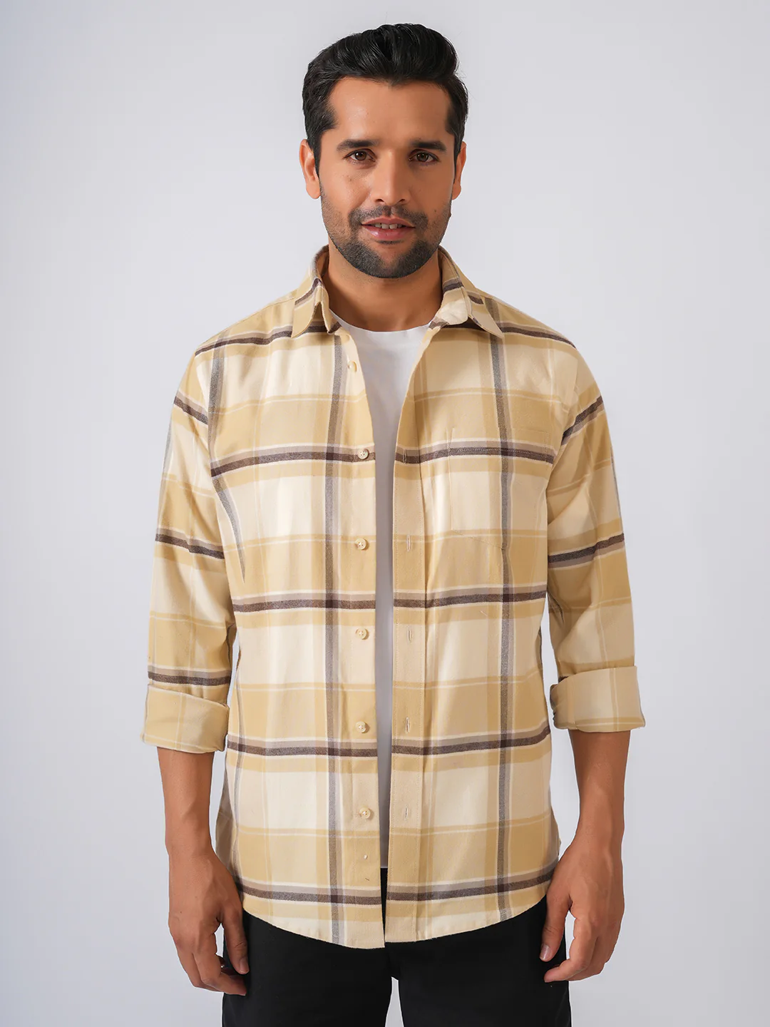 Cream Checked Slim Fit Flannel Cotton Shirt - Image 5
