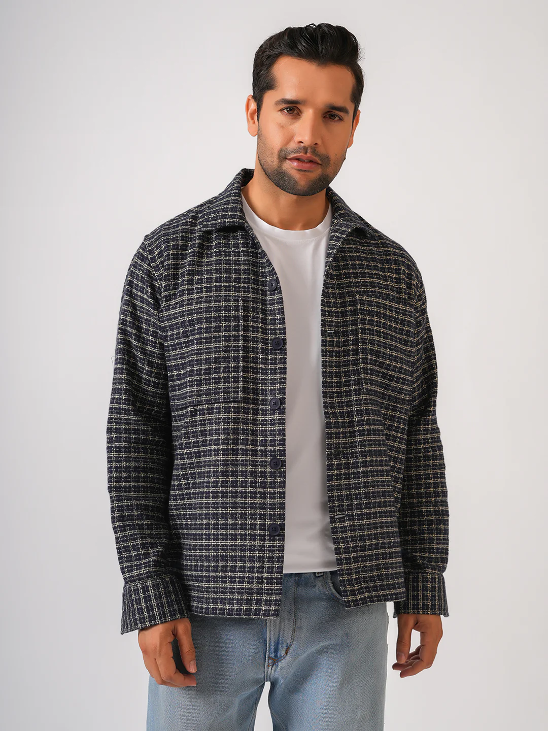 Navy Blue Checked Cotton Shacket Over-Shirt - Image 3