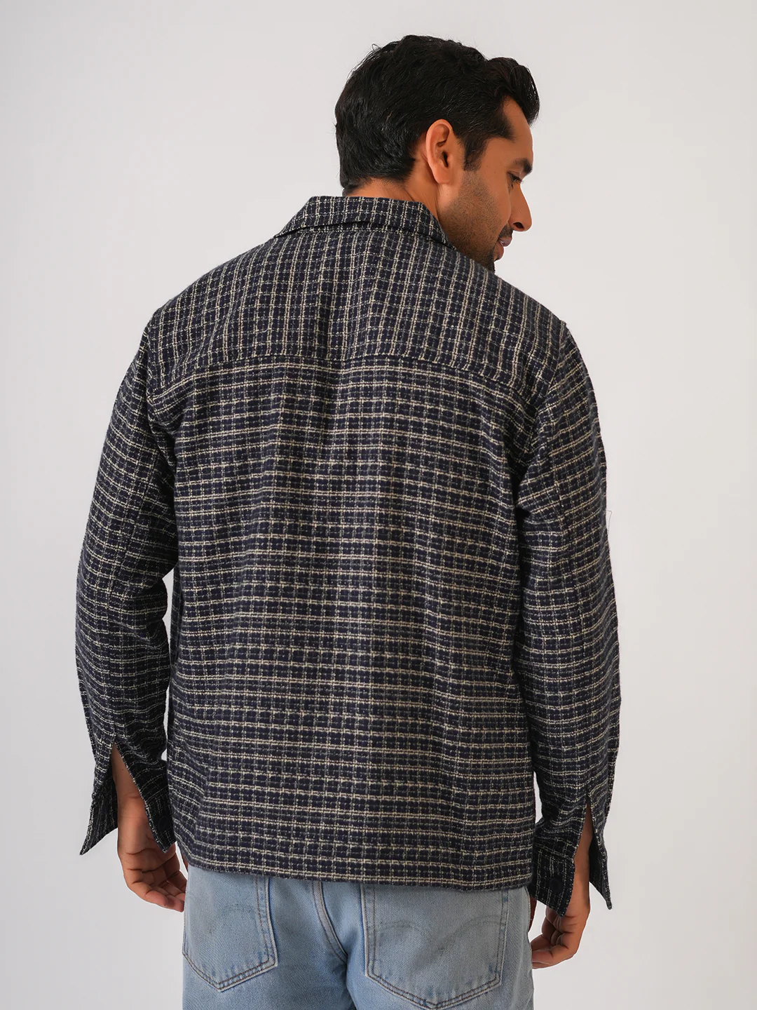 Navy Blue Checked Cotton Shacket Over-Shirt - Image 4