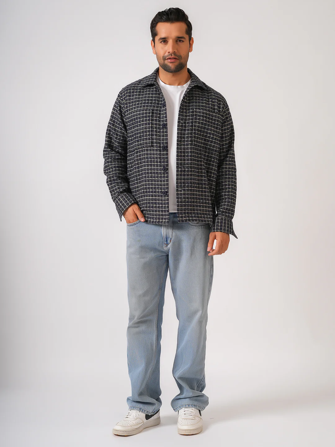 Navy Blue Checked Cotton Shacket Over-Shirt - Image 5