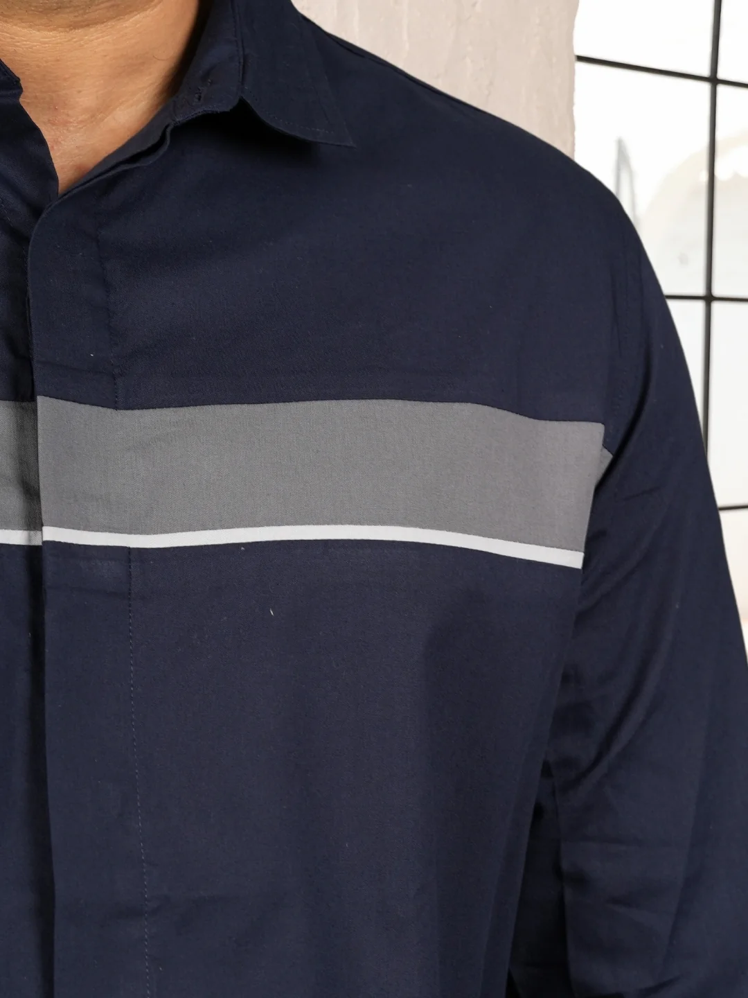 Midnight Blue Cut & Sew Cotton Shirt - Image 3