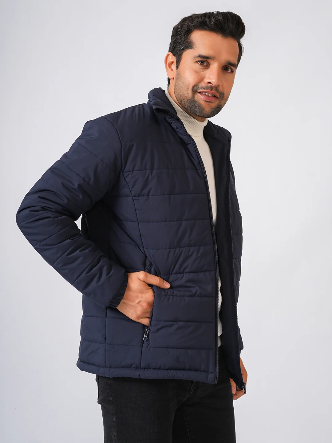 Navy Blue Solid Lightweight Puffer Jacket - Image 3