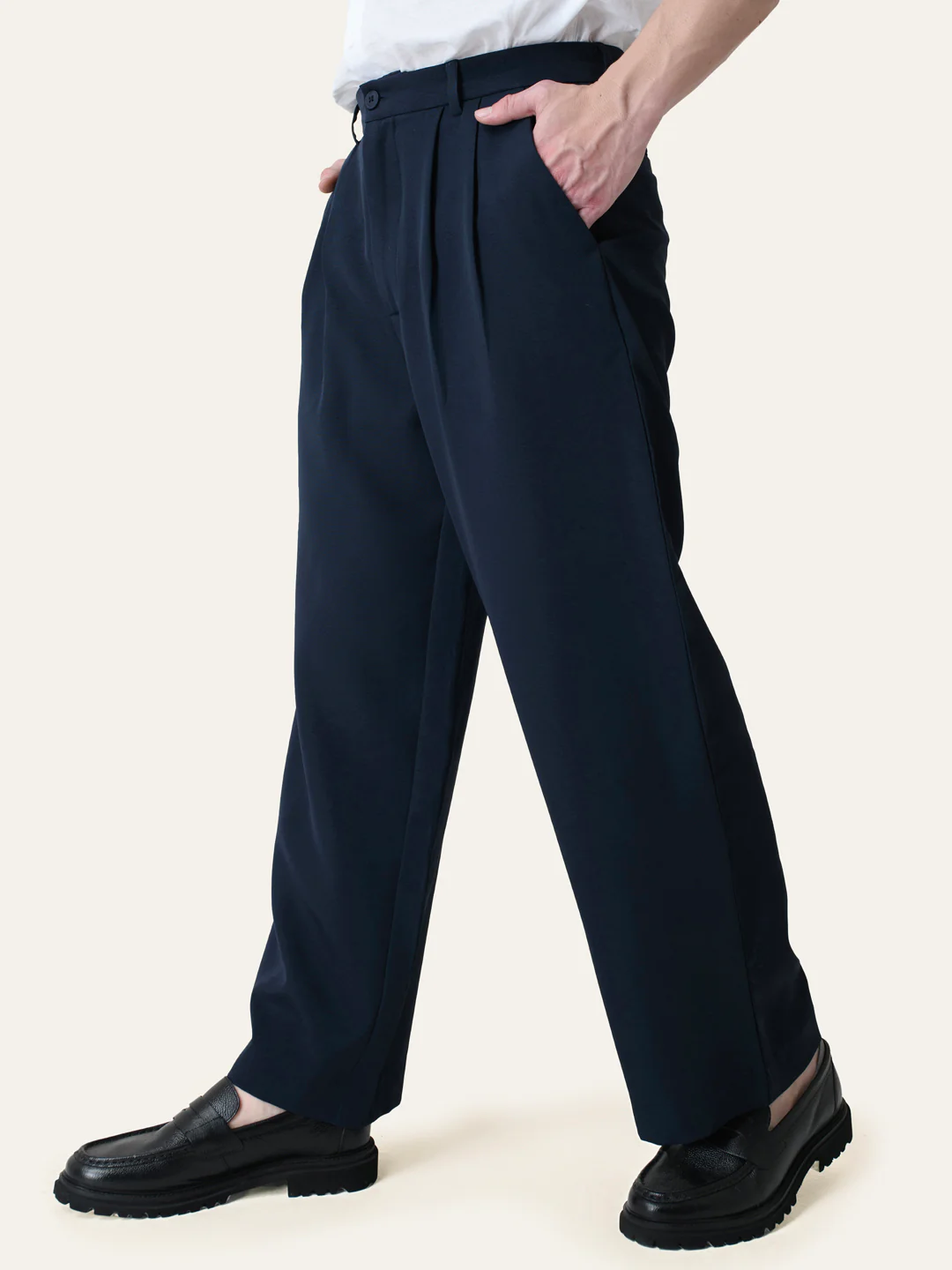 Navy Blue Solid Pleated Korean Pants - Image 4