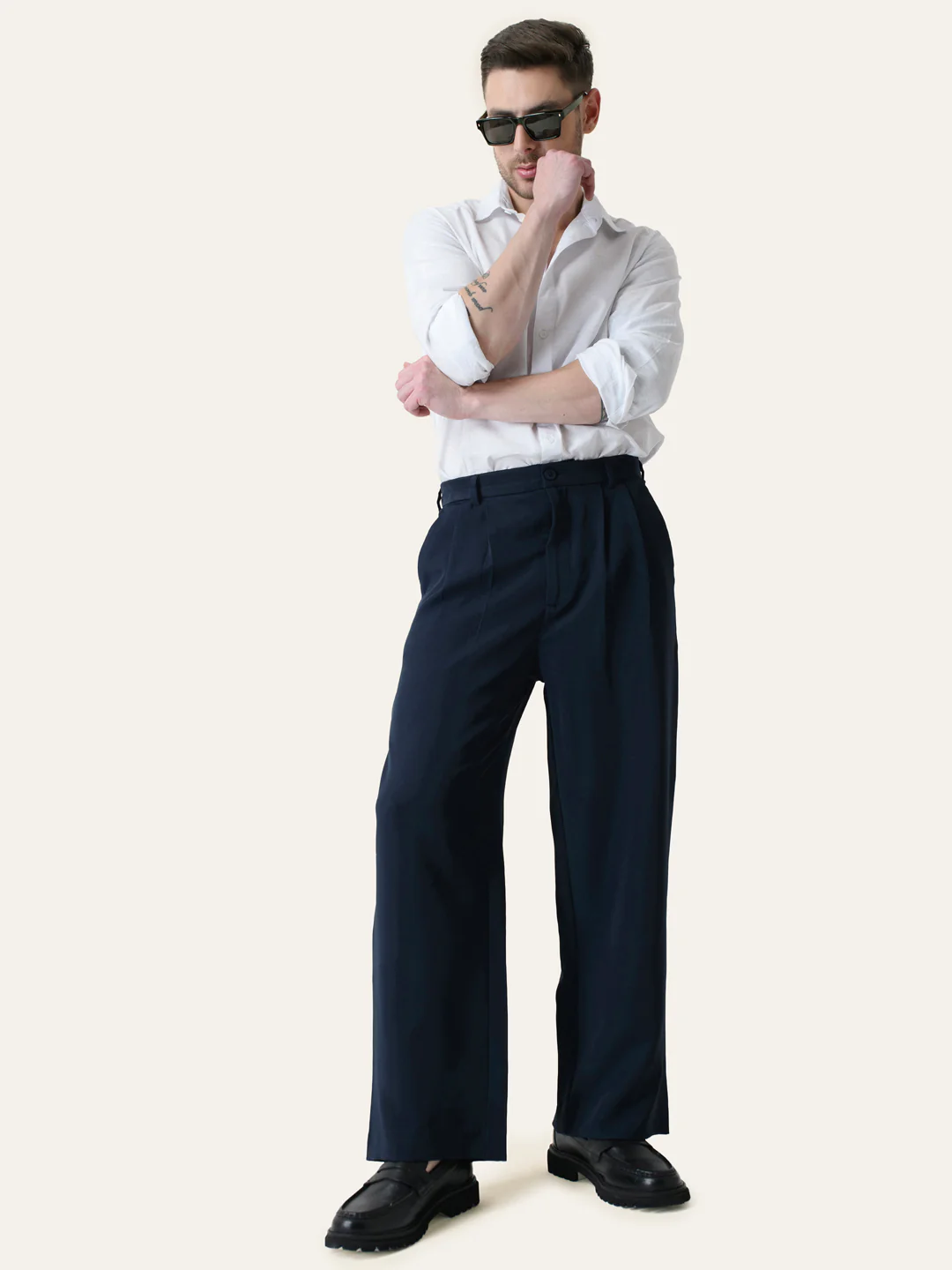 Navy Blue Solid Pleated Korean Pants - Image 6