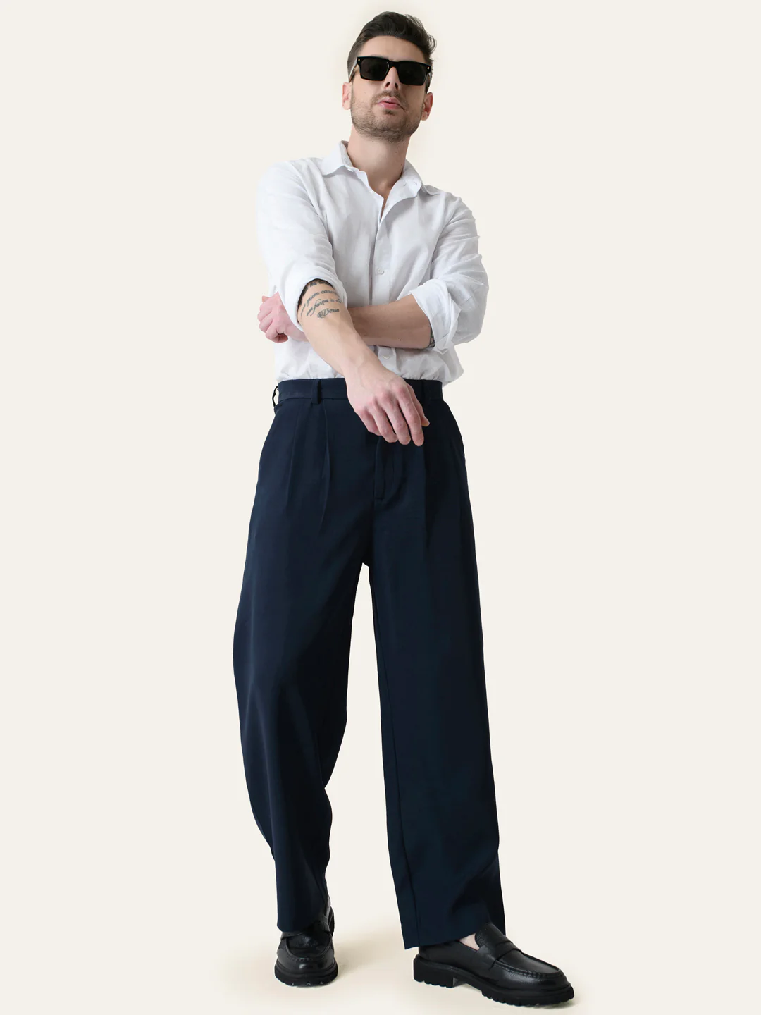 Navy Blue Solid Pleated Korean Pants - Image 7