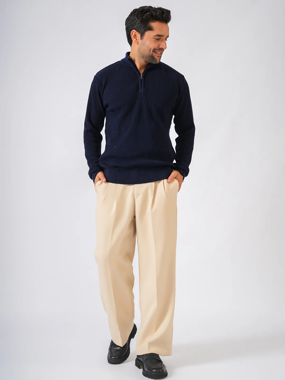 Navy Blue Solid Ribbed Zip-Top Lightweight Pullover-Sweater - Image 4