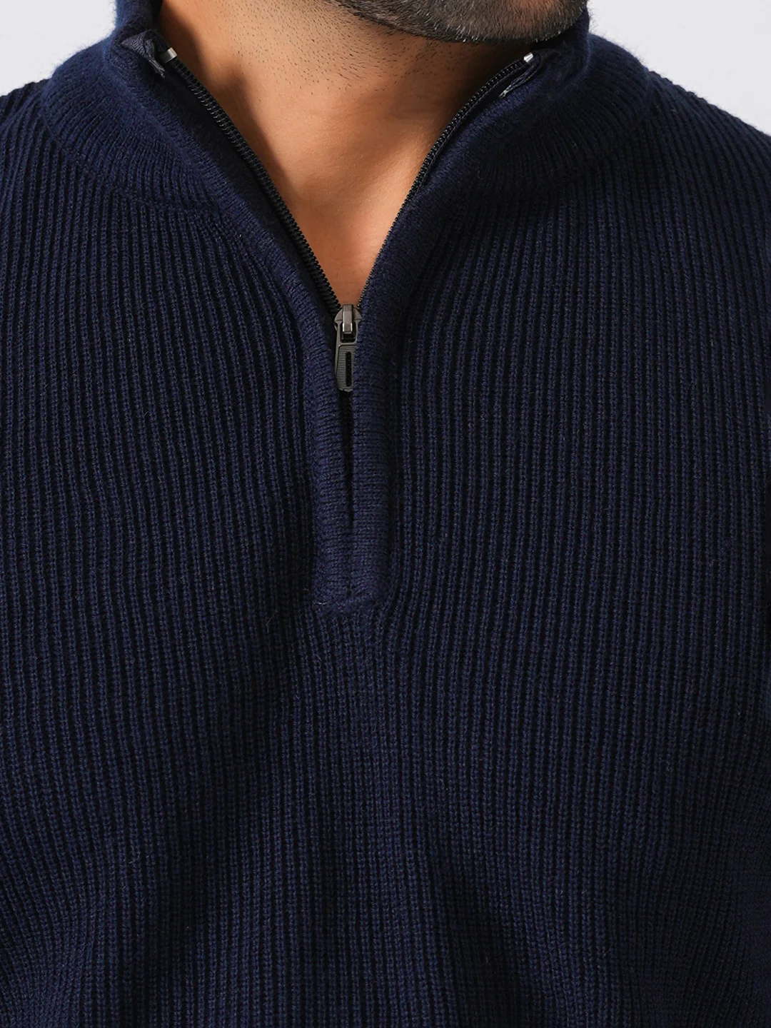 Navy Blue Solid Ribbed Zip-Top Lightweight Pullover-Sweater - Image 5