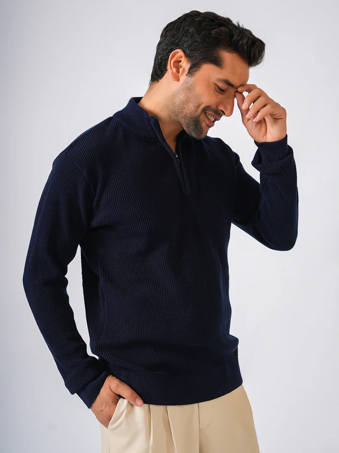 Navy Blue Solid Ribbed Zip-Top Lightweight Pullover-Sweater - Image 6