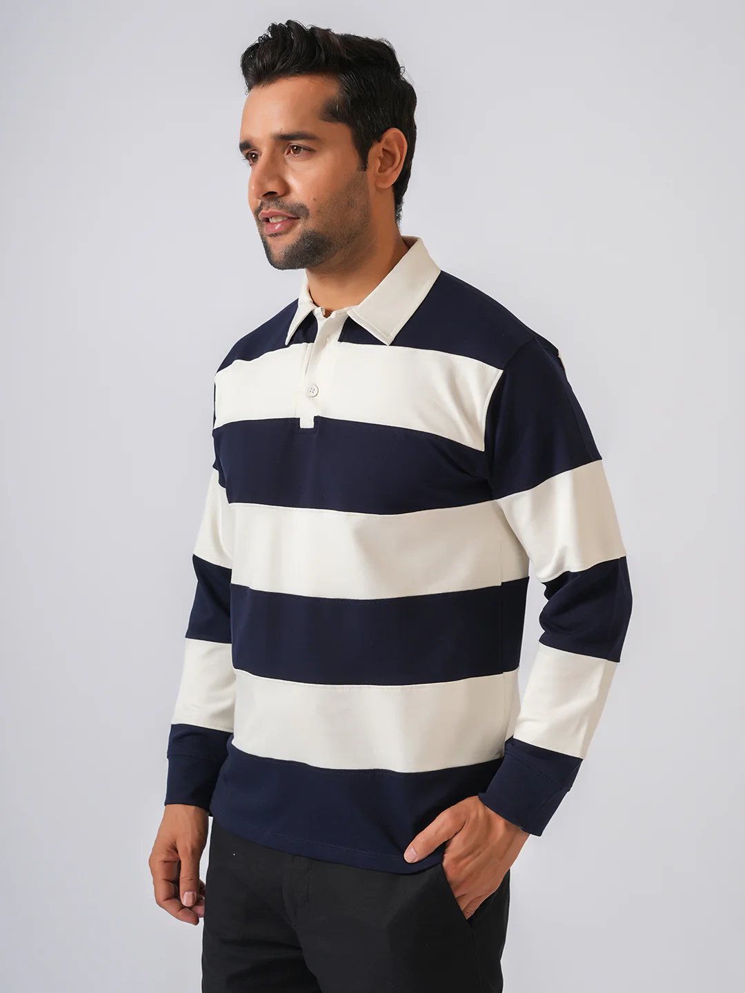 Navy Blue Striped Polo Collar Tshirt - Image 3