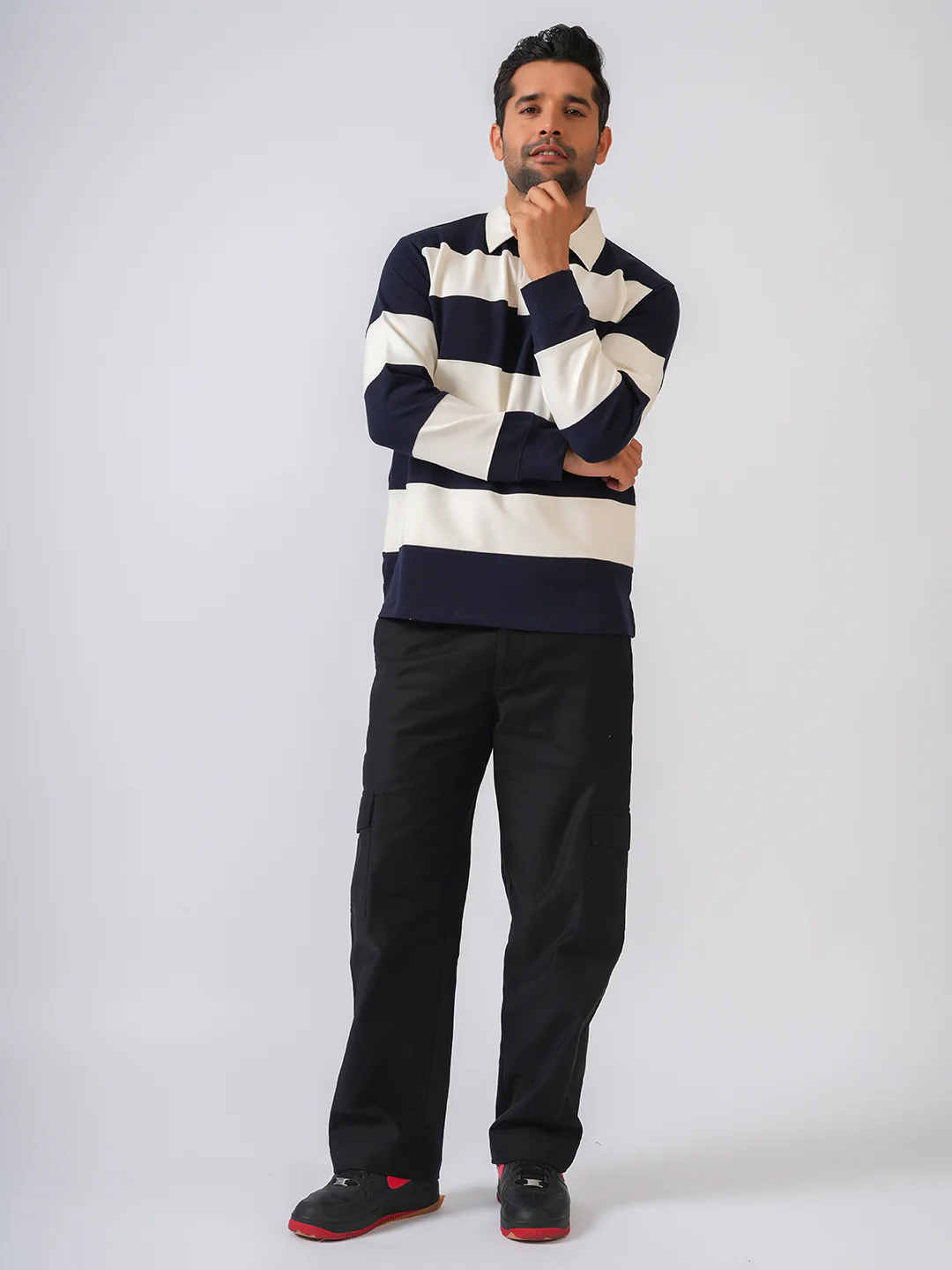 Navy Blue Striped Polo Collar Tshirt - Image 4