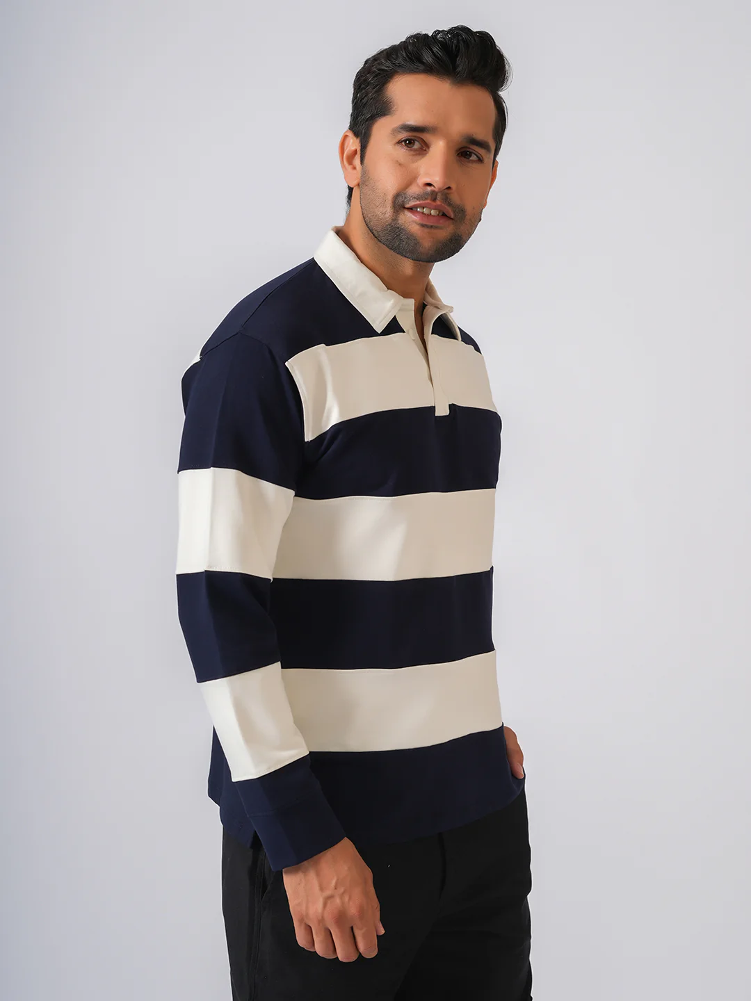 Navy Blue Striped Polo Collar Tshirt - Image 5