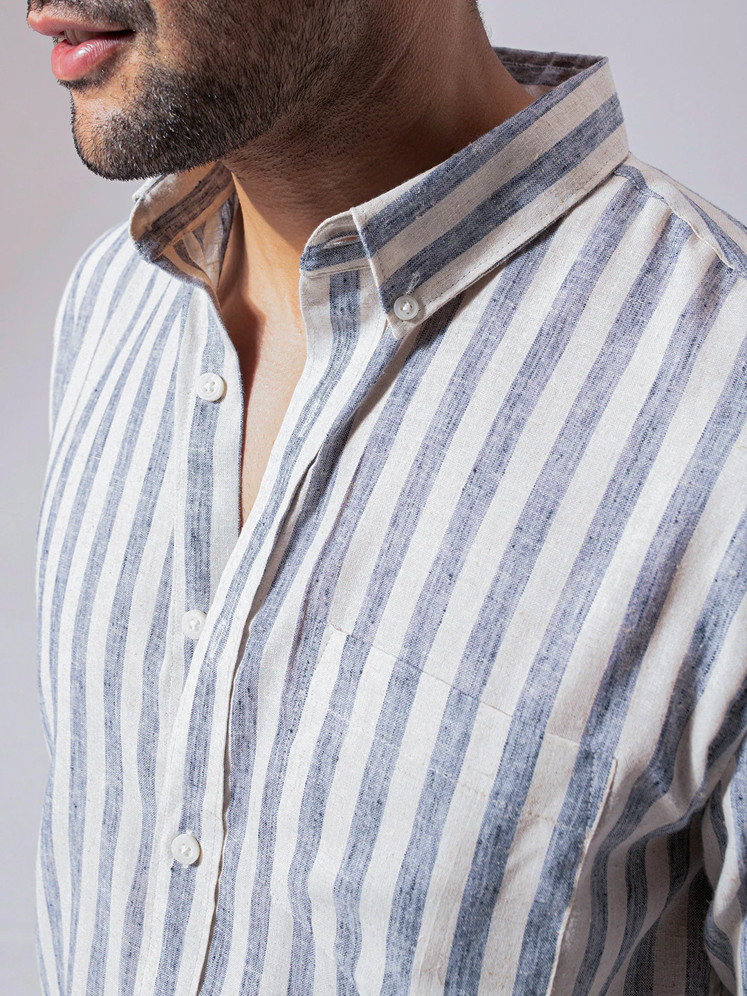 Ocean Blue Stripes Linen Cotton Shirt - Image 4