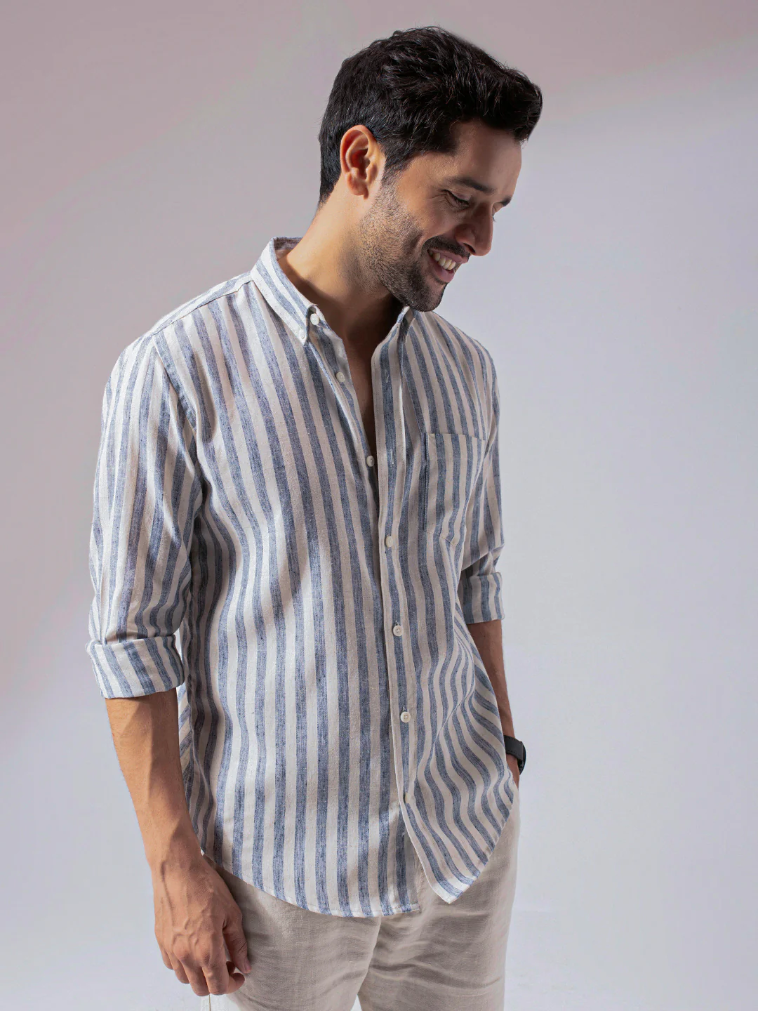 Ocean Blue Stripes Linen Cotton Shirt - Image 5