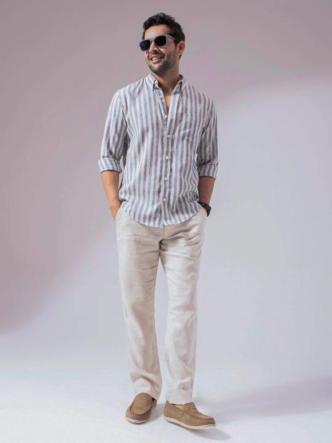 Ocean Blue Stripes Linen Cotton Shirt - Image 6