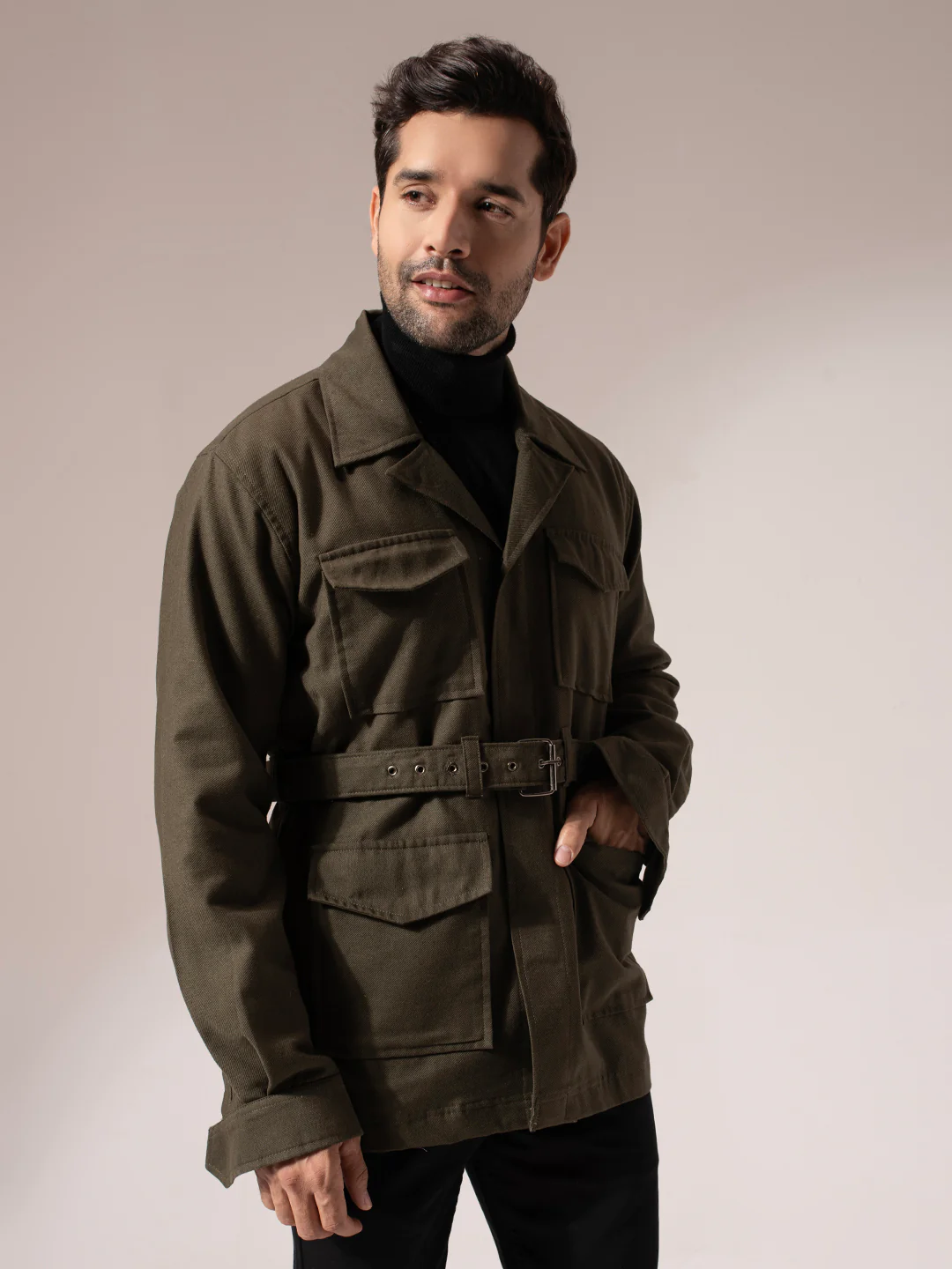 Olive Green Long Belted Jacket - Image 3