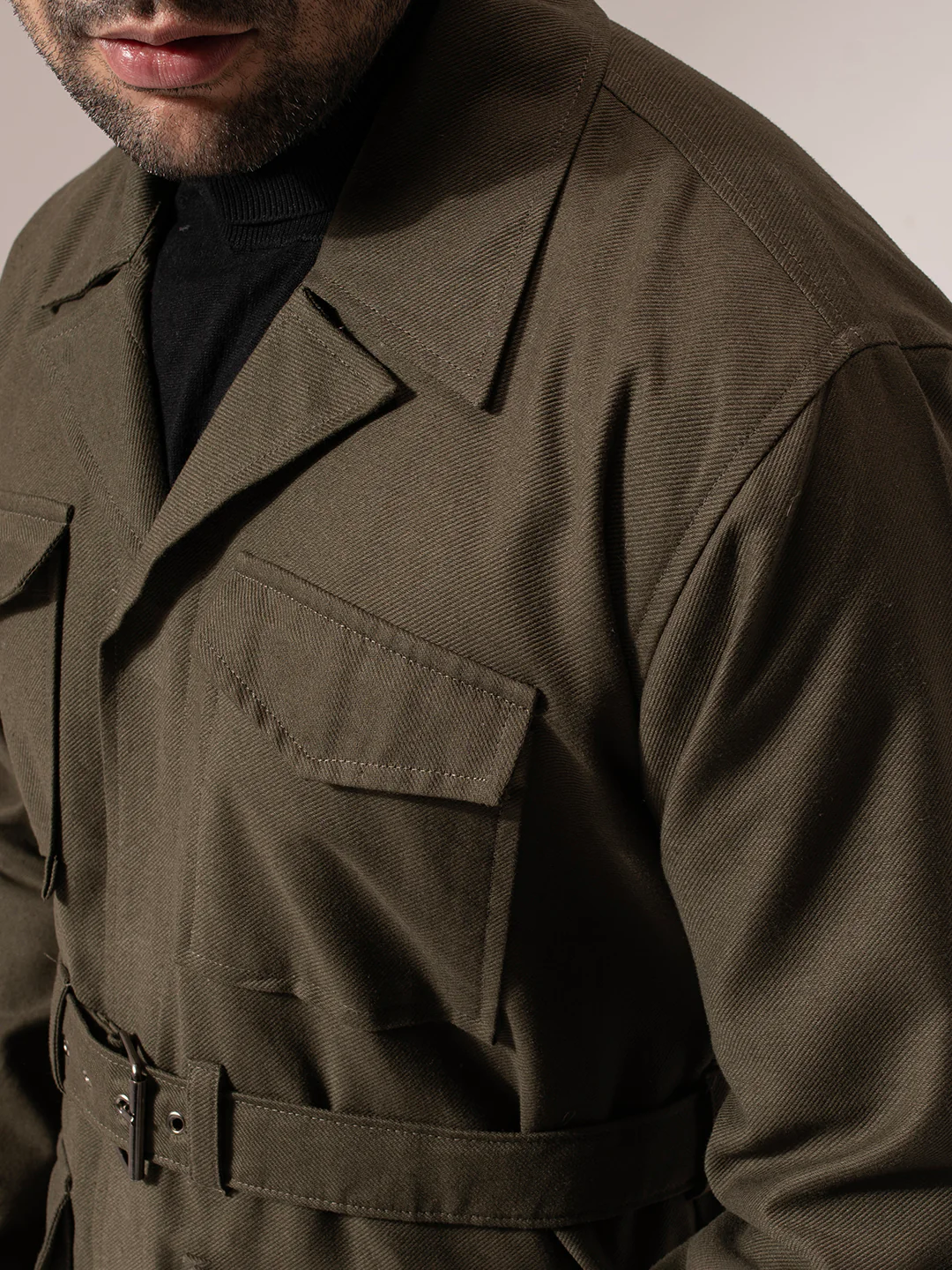 Olive Green Long Belted Jacket - Image 4