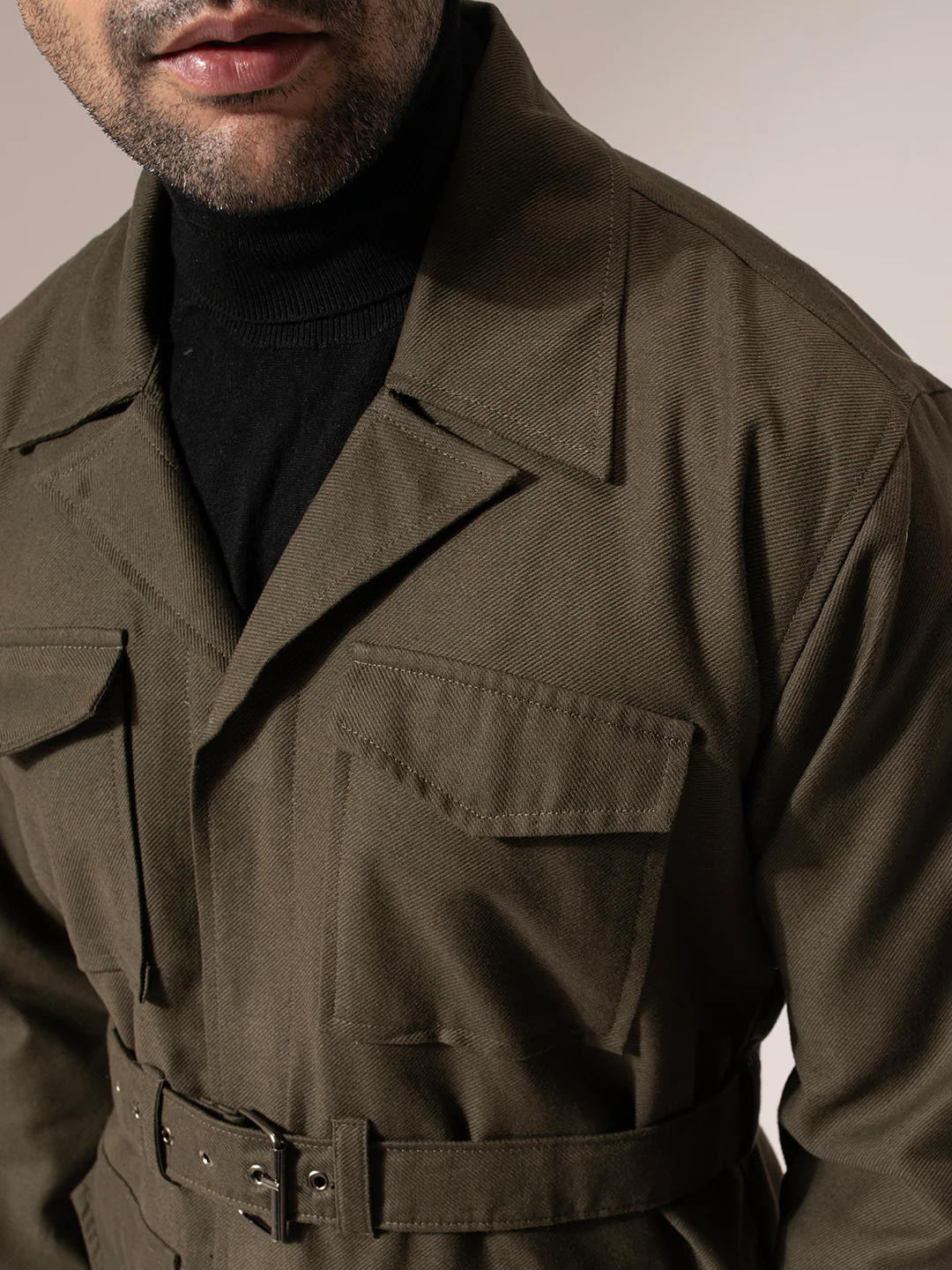 Olive Green Long Belted Jacket - Image 5