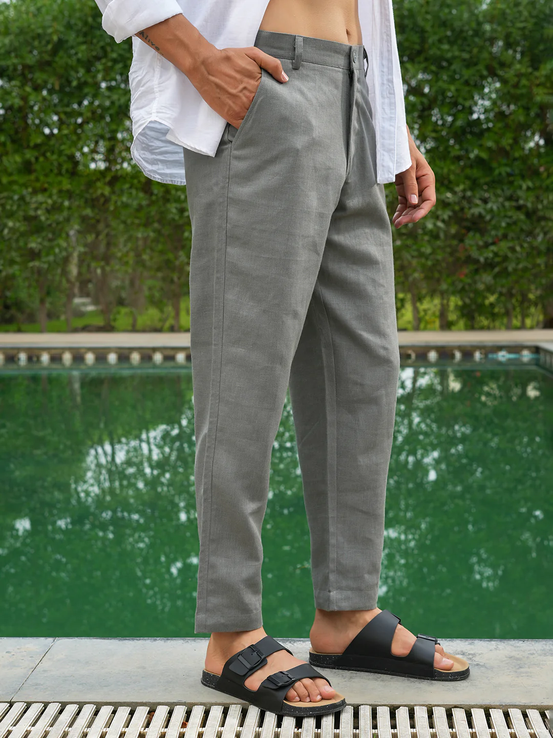 Olive Green Solid Pre-Washed Linen Trouser - Image 3