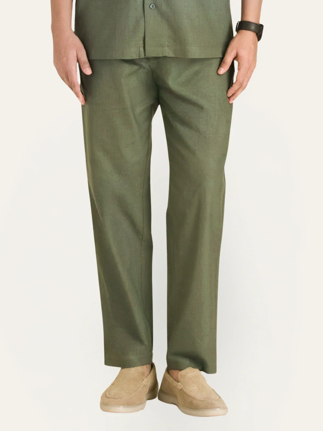 Olive Green Solid Linen Trouser - Image 3