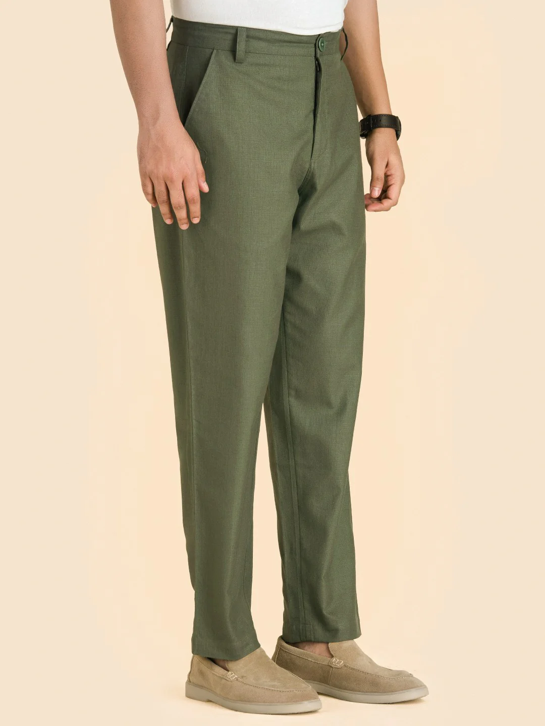 Olive Green Solid Linen Trouser - Image 4