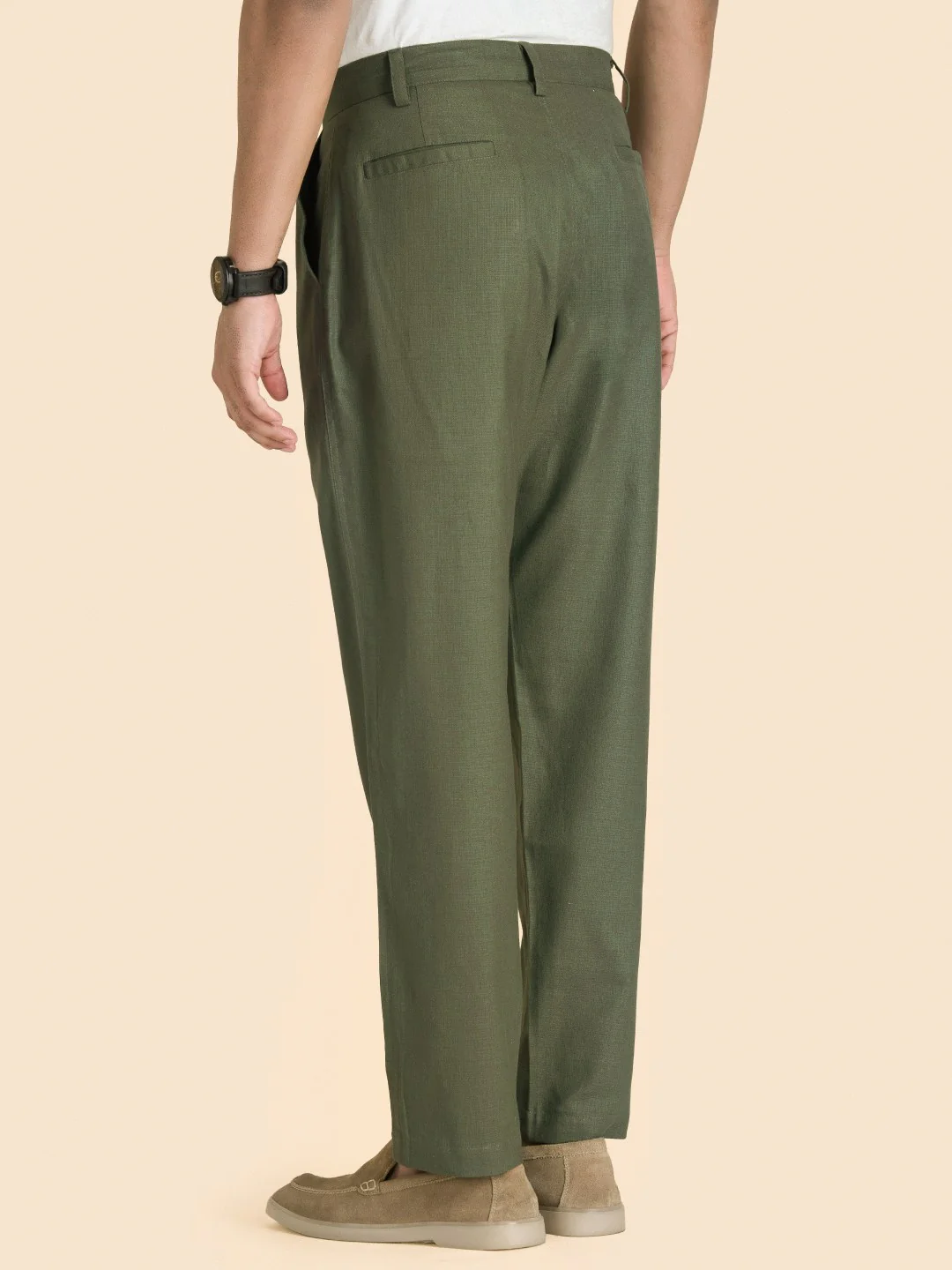 Olive Green Solid Linen Trouser - Image 5