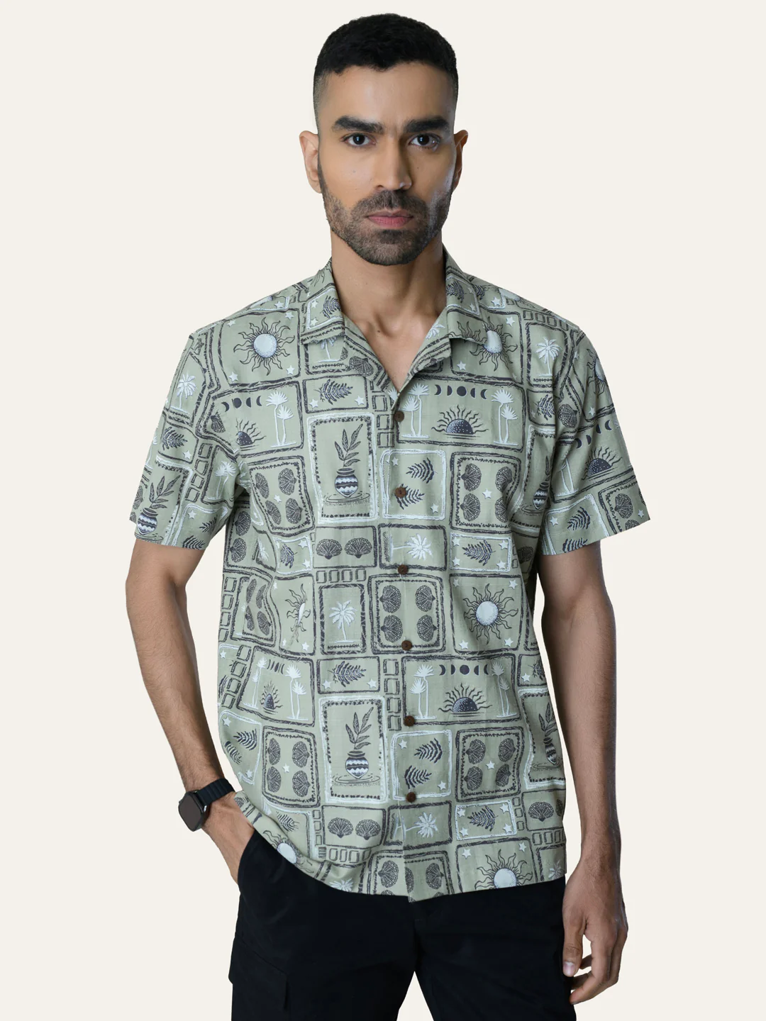 Pista Green Printed Cotton Shirt - Image 4