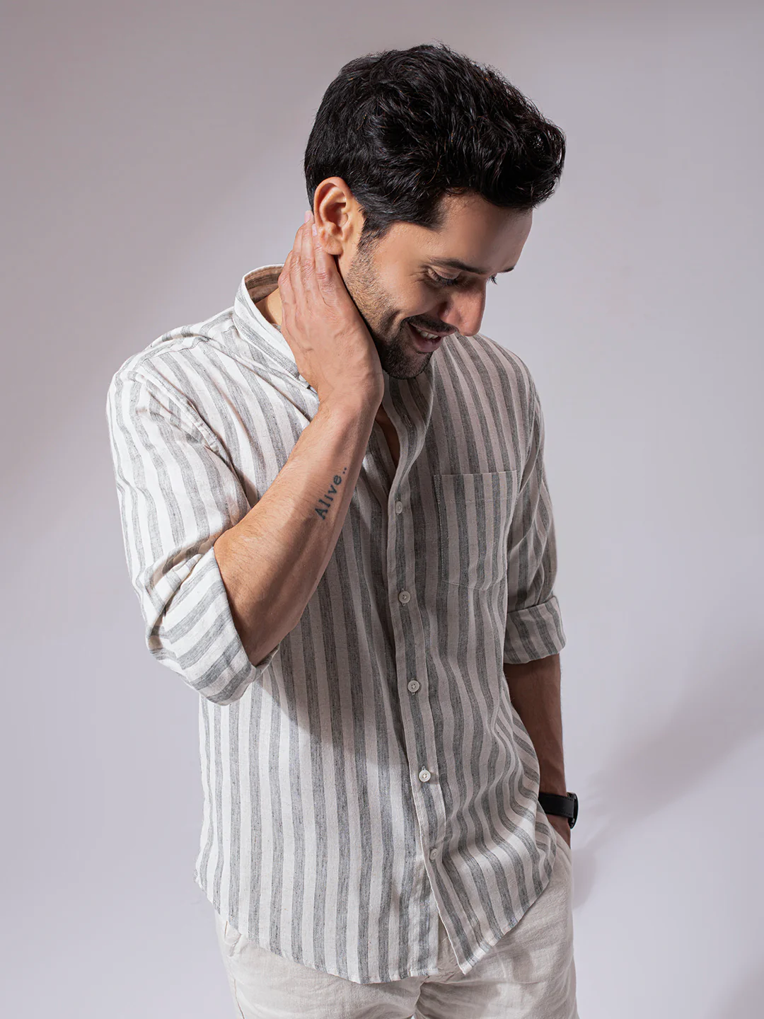 Sage Green Stripes Linen Cotton Shirt - Image 4